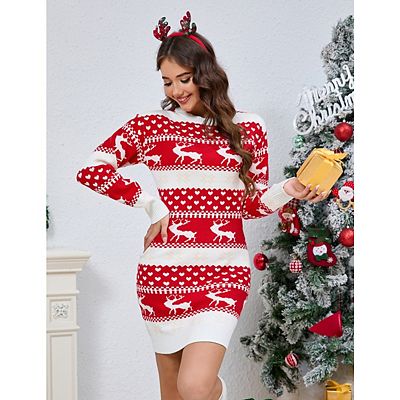 Women's Ugly Christmas Sweater Dress Xmas Crew Neck Pullover Sweater  Holiday Mini Tunic Dress