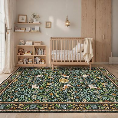 Garvee Floral Perched Bird Print Area Rug Washable Non Slip Low Pile Carpet for Living Room Kitchen