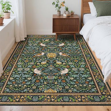 Garvee Floral Perched Bird Print Area Rug Washable Non Slip Low Pile Carpet for Living Room Kitchen