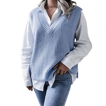 Women's Over Sized V Neck Knit Sweater Vest Tunic Sleeveless Pullover Top