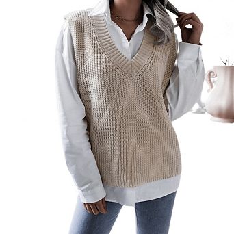 Women's Over Sized V Neck Knit Sweater Vest Tunic Sleeveless Pullover Top