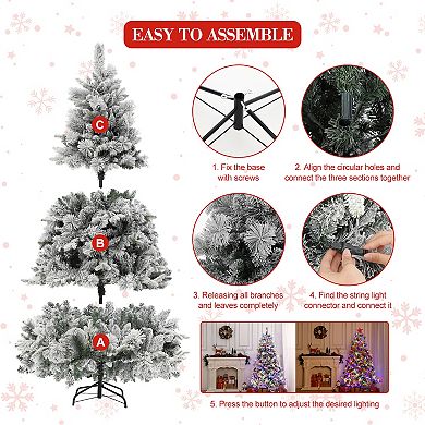 6ft Prelit Snow Flocked Artificial Christmas Tree with 400 Multi-Color LED Lights, 850 Branch Hinged