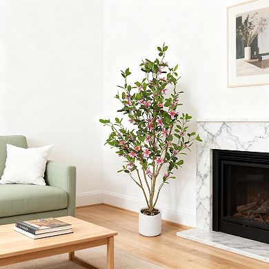 2 Pack 4ft Artificial Trees with White/Pink Flowers Myrtle, 120cm Tall Artificial Plants Tree