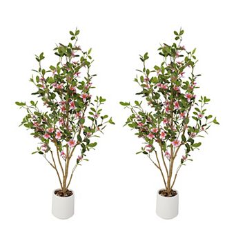2 Pack 4ft Artificial Trees with White/Pink Flowers Myrtle, 120cm Tall Artificial Plants Tree