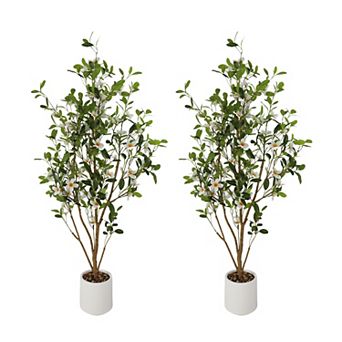 2 Pack 4ft Artificial Trees with White/Pink Flowers Myrtle, 120cm Tall Artificial Plants Tree