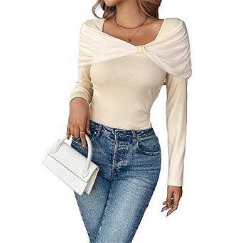 Women' Long Sleeve Tops Boat Neck Asymmetrical Twisted Slim Fit Ruched Long Sleeve Shirts