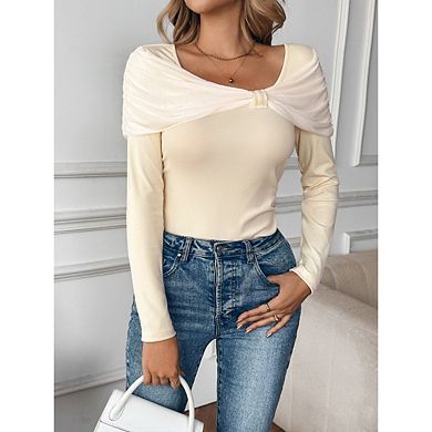 Women' Long Sleeve Tops Boat Neck Asymmetrical Twisted Slim Fit Ruched Long Sleeve Shirts