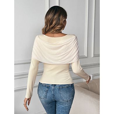 Women' Long Sleeve Tops Boat Neck Asymmetrical Twisted Slim Fit Ruched Long Sleeve Shirts