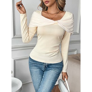 Women' Long Sleeve Tops Boat Neck Asymmetrical Twisted Slim Fit Ruched Long Sleeve Shirts