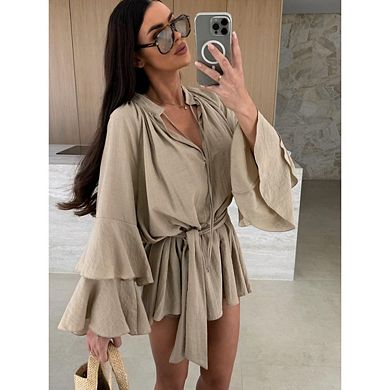 Women's Layered Bell Sleeve Tie Neck Mini Dresses Ruffle Belted Tunic Dress