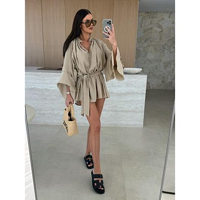 Women's Layered Bell Sleeve Tie Neck Mini Dresses Ruffle Belted Tunic Dress