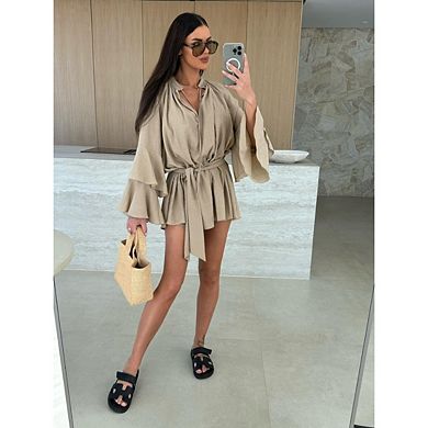 Women's Layered Bell Sleeve Tie Neck Mini Dresses Ruffle Belted Tunic Dress