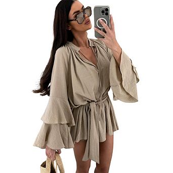 Women's Layered Bell Sleeve Tie Neck Mini Dresses Ruffle Belted Tunic Dress