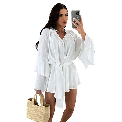 Women's Layered Bell Sleeve Tie Neck Mini Dresses Ruffle Belted Tunic Dress
