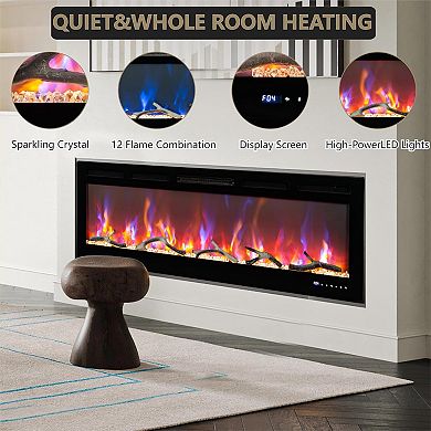 Recessed and Wall Mounted 50 Inch Electric Fireplace Heater with Multicolor Flame