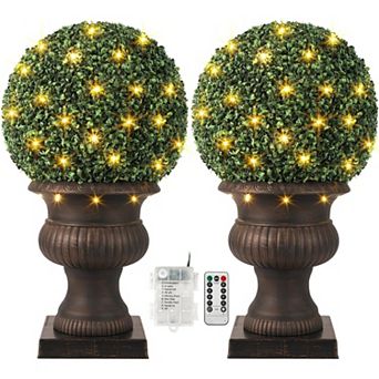 2 pc 20” Artificial Plant Topiary Ball with Light, All-Year Green Faux Boxwood Decorative Ball
