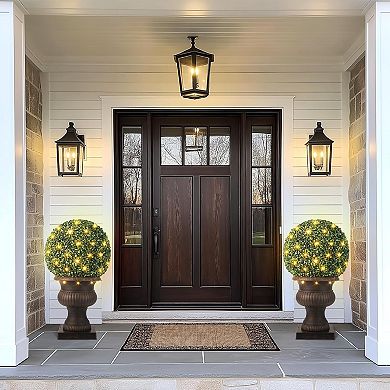 2 Pcs 20” Artificial Plant Topiary Ball with Light, All-Year Green Faux Boxwood Decorative Ball