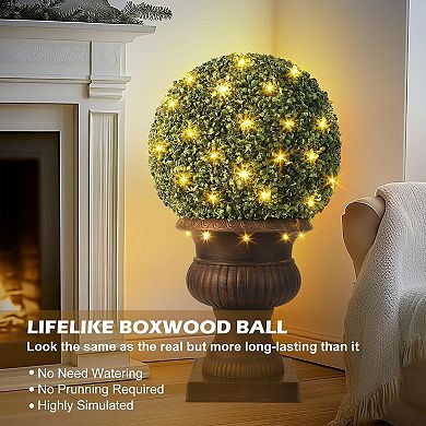 2 Pcs 20” Artificial Plant Topiary Ball with Light, All-Year Green Faux Boxwood Decorative Ball
