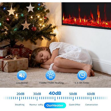 Wall Mounted 60" Electric Fireplace Heater with Remote Control, 750W/1500W with Timer