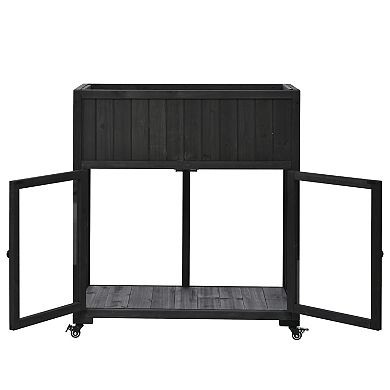 Whisen 35.4" Outdoor & Indoor Storage, Mini Wood Cold Frame with 2 Doors and Wheels