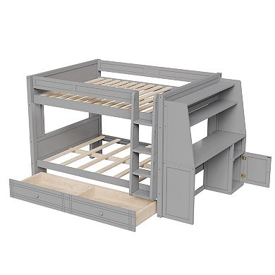 Whisen Full size Multifunctional Bunk Bed with 2 Drawers, Desk and Bookshelves