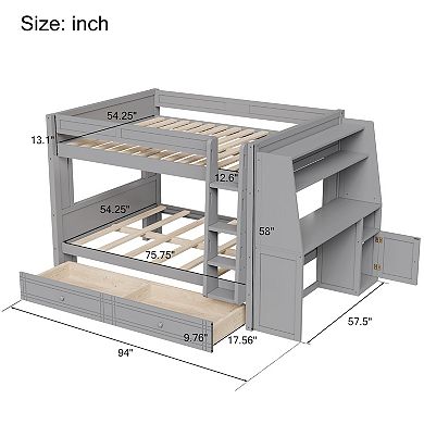 Whisen Full size Multifunctional Bunk Bed with 2 Drawers, Desk and Bookshelves