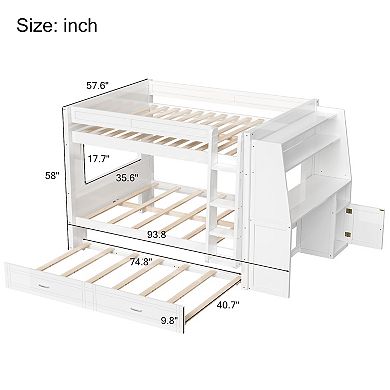 Whisen Full size Multifunctional Bunk Bed with Trundle, Desk and Bookshelves