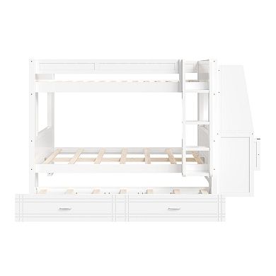 Whisen Full size Multifunctional Bunk Bed with Trundle, Desk and Bookshelves