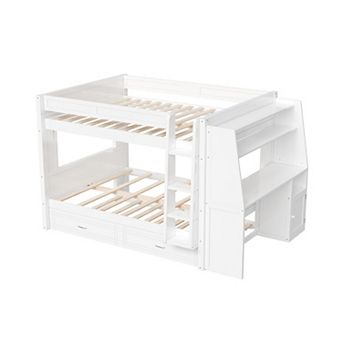 Whisen Full size Multifunctional Bunk Bed with Trundle, Desk and Bookshelves