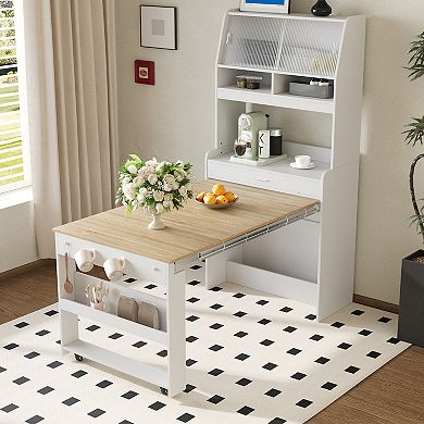 Whisen Compact Buffet, Cupboard with Hutch, Foldable Dining Table, Storage Shelf and Side Hooks