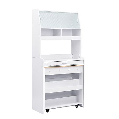 Whisen Compact Buffet, Cupboard with Hutch, Foldable Dining Table, Storage Shelf and Side Hooks