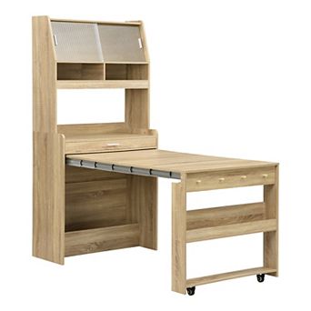 Whisen Compact Buffet, Cupboard with Hutch, Foldable Dining Table, Storage Shelf and Side Hooks