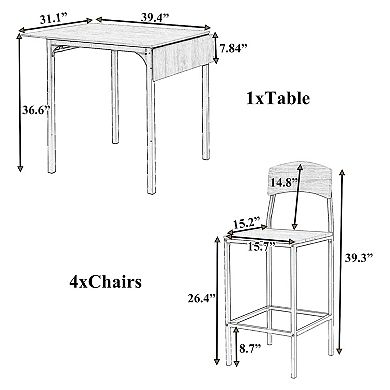 Whisen 5-piece Metal Counter Height Extendable Drop Leaf Dining Table Set with Dining Chairs for 4