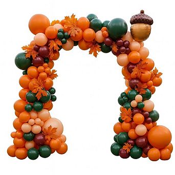 Sage Green, Red & Orange Balloon Garland Arch Kit with Maple Leaf, Pumpkin & Acorn Banners