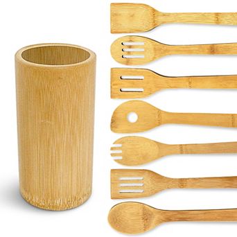 Cheer Collection 8 pc Wood Cooking Utensil Set with Holder for Nonstick Pots and Daily Cooking