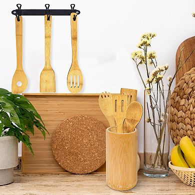 Cheer Collection 8 Piece Wood Cooking Utensil Set with Holder for Nonstick Pots and Daily Cooking