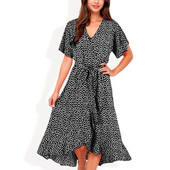Women's V-Neck Flutter Sleeve Midi Fashion Dress with Belted Waist and Ruffle Hem