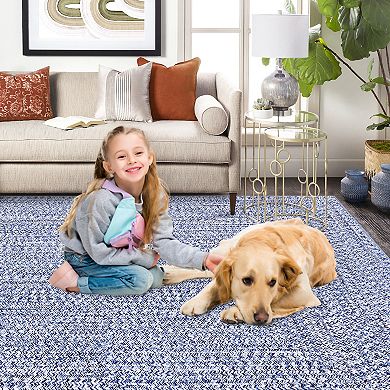 Contemporary Farmhouse Machine Washable Braided Print Throw Rug with Non-Slip Backing