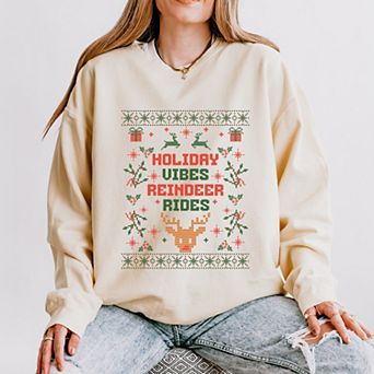 Holiday Vibes Reindeer Rides Ugly Sweater - Women's Lightweight Garment Dyed Sweatshirt