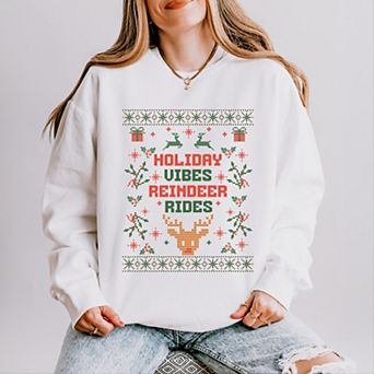Holiday Vibes Reindeer Rides Ugly Sweater - Women's Lightweight Garment Dyed Sweatshirt