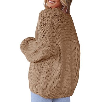 Women's Knitting Open Front Chunky Sweater Thick Long Sleeve Cardigan With Pocket