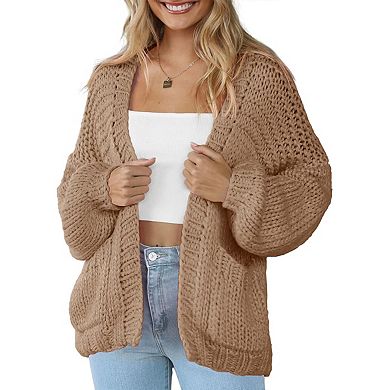 Women's Knitting Open Front Chunky Sweater Thick Long Sleeve Cardigan With Pocket