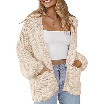 Women's Knitting Open Front Chunky Sweater Thick Long Sleeve Cardigan With Pocket