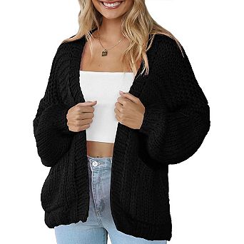 Women's Knitting Open Front Chunky Sweater Thick Long Sleeve Cardigan With Pocket