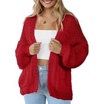 Women's Knitting Open Front Chunky Sweater Thick Long Sleeve Cardigan With Pocket