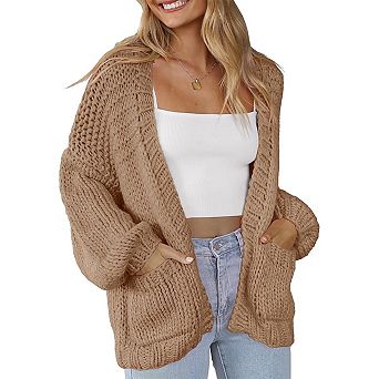 Women's Knitting Open Front Chunky Sweater Thick Long Sleeve Cardigan With Pocket
