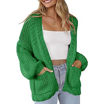 Women's Knitting Open Front Chunky Sweater Thick Long Sleeve Cardigan With Pocket
