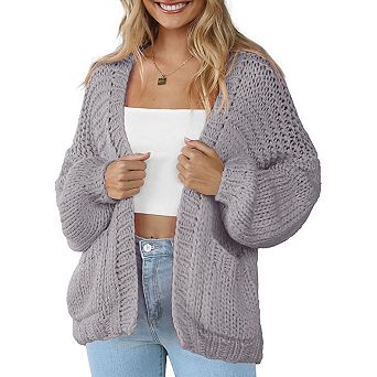 Women's Knitting Open Front Chunky Sweater Thick Long Sleeve Cardigan With Pocket