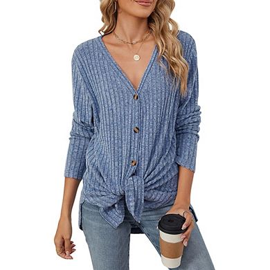 Womens Casual Long Sleeve Ribbed Knit Button Cardigan Tied Hem Sweater Top