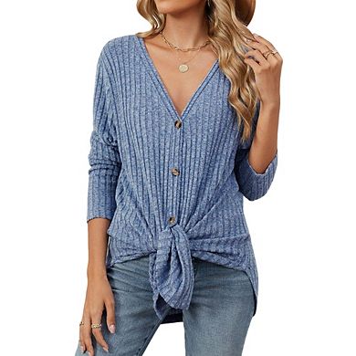 Womens Casual Long Sleeve Ribbed Knit Button Cardigan Tied Hem Sweater Top